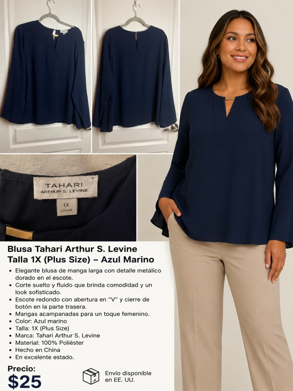 Tahari Arthur S. Levine Navy Blue Split Neck Blouse Women’s Plus Size 1X
